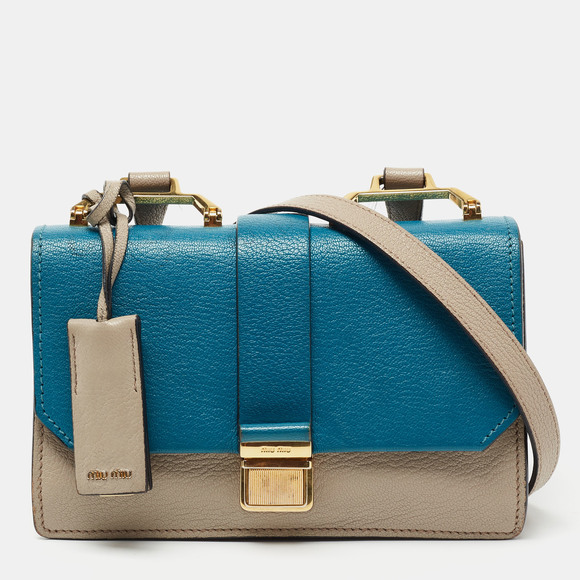Miu Miu Bags Miu Miu Teal Bluebeige Madras Leather Bandoliera